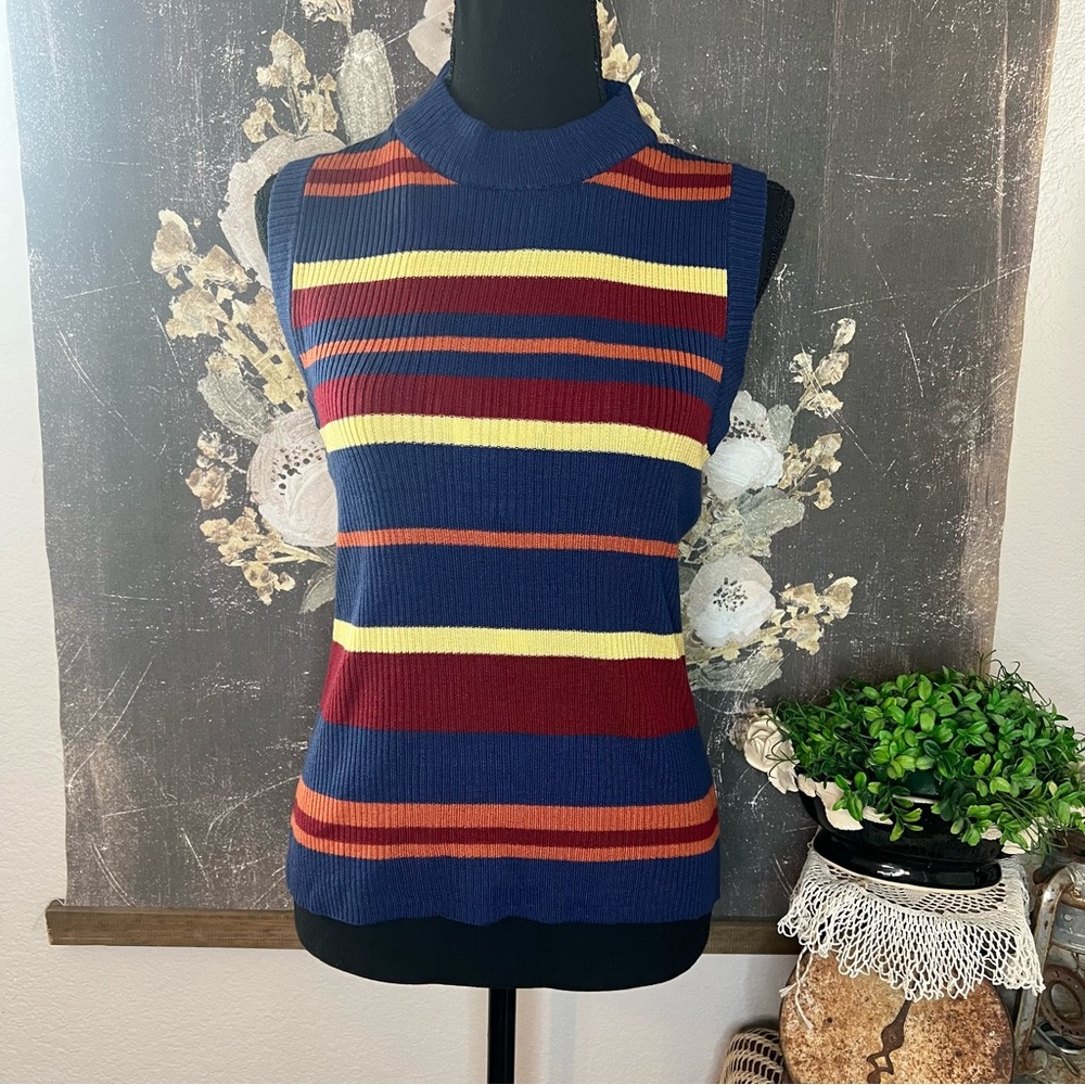 Ashley By 26 International Y2K Blue Red Orange Stripe Ribbed Sweater Tank M